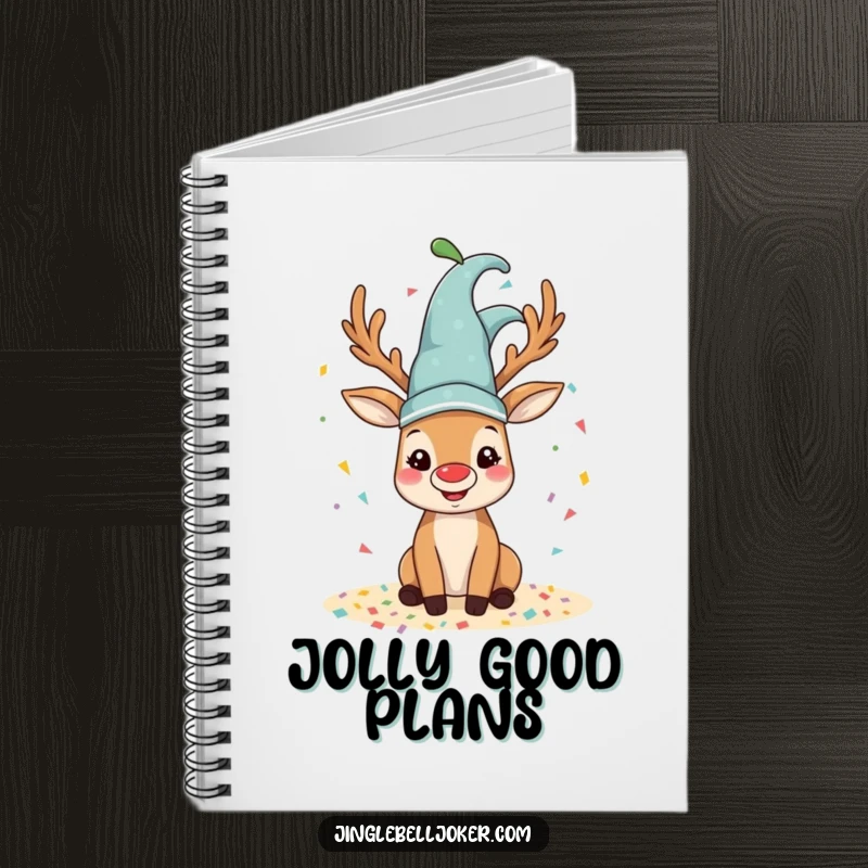 Funny reindeer notebook with a happy reindeer wearing a jester hat, spilling colorful confetti.