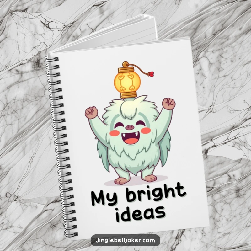 Funny Yeti Notebook with a silly yeti joker attempting to balance a glowing lantern on its head, ideal for notes.