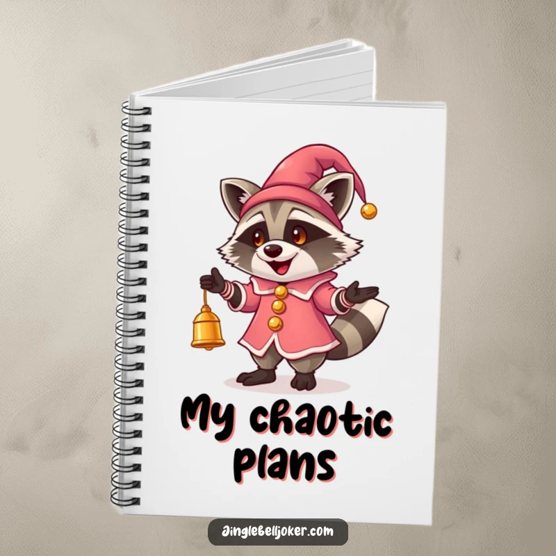 Funny Jester Raccoon Notebook: A raccoon in jester costume juggling glowing bells, ideal for playful note-taking.