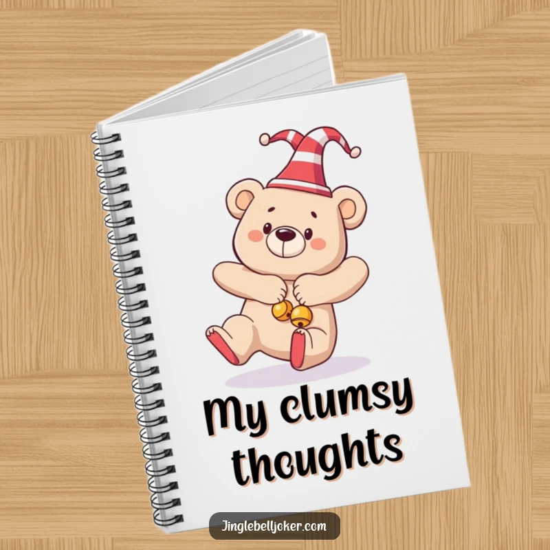 Funny notebook cover with a bear in a jester hat and bells, comically tripping, perfect for holiday planning.
