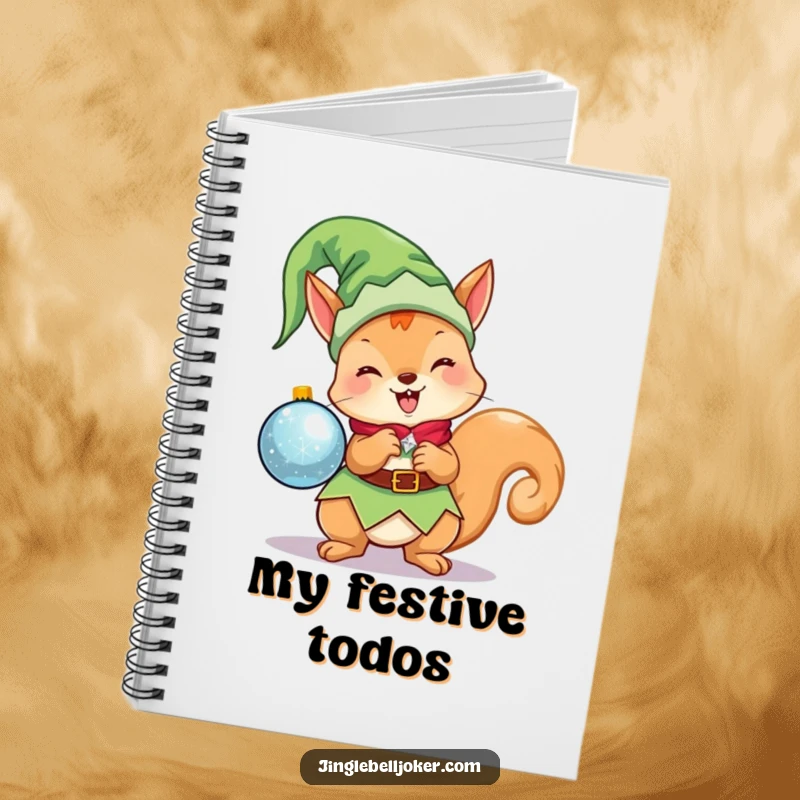 Funny Kawaii Elf Squirrel Notebook: A cute Christmas character as an elf, holding a sparkling ornament, perfect for writing notes.