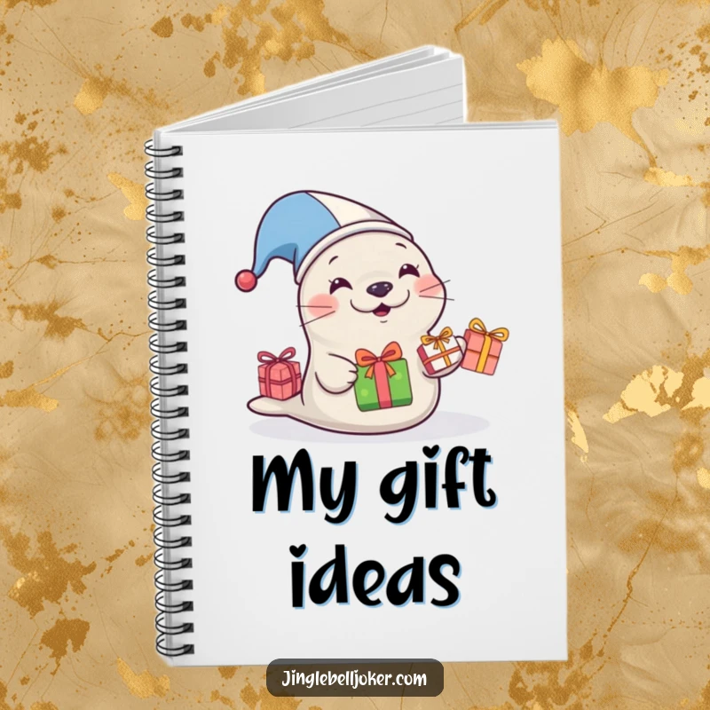 Funny Jester Seal Notebook, a seal wearing a jester hat juggling gifts, a funny gift for writers.