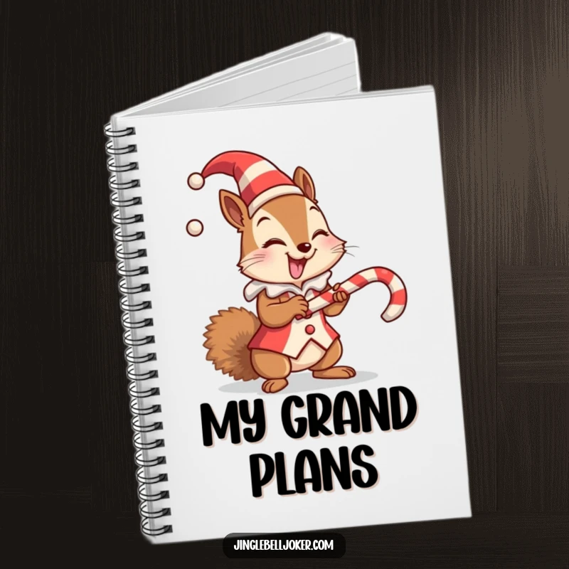 Funny notebook cover with a giggling squirrel jester balancing a candy cane, perfect for holiday planning and notes.