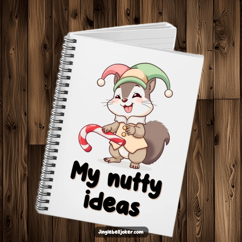 Funny notebook with a cover illustration of a giggling squirrel in a jester suit, humorously trying to balance a candy cane, for creative notes.