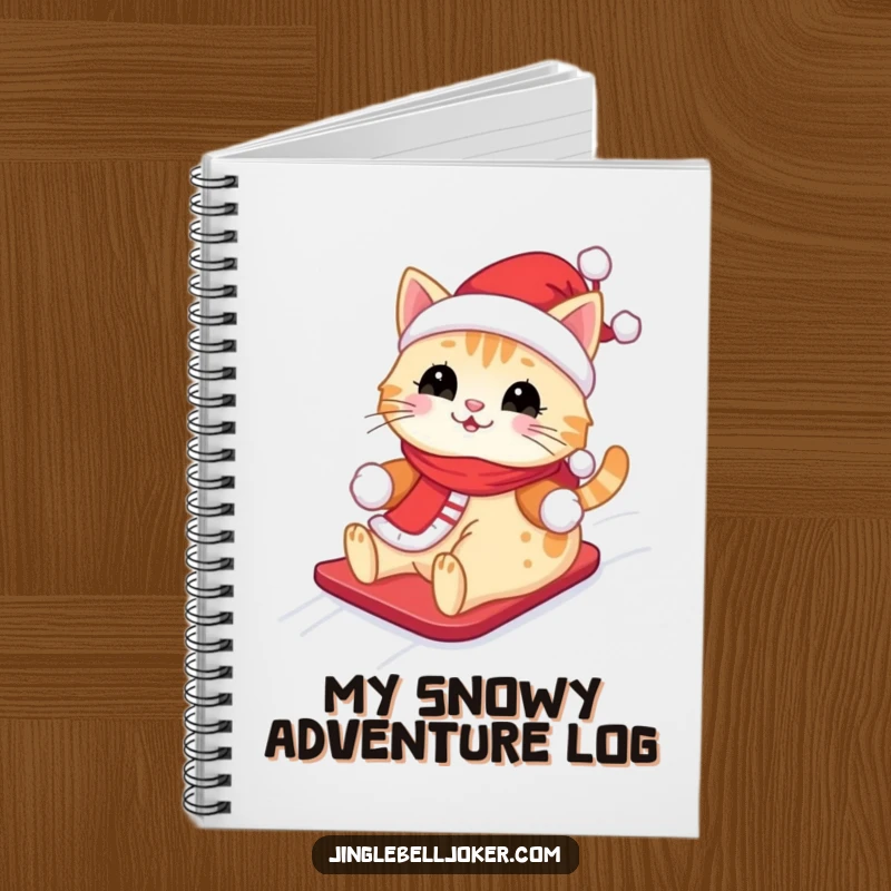 Funny Kawaii Santa Cat Notebook: A cute cat in a Santa outfit, happily sliding down a snowy hill, perfect for notes.