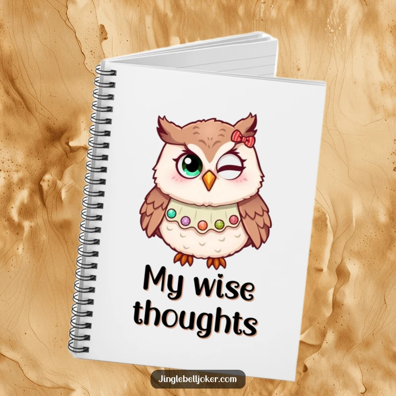 Funny notebook cover featuring an owl in a jester collar, humorously attempting a wink with holiday glitter, ideal for festive journaling.