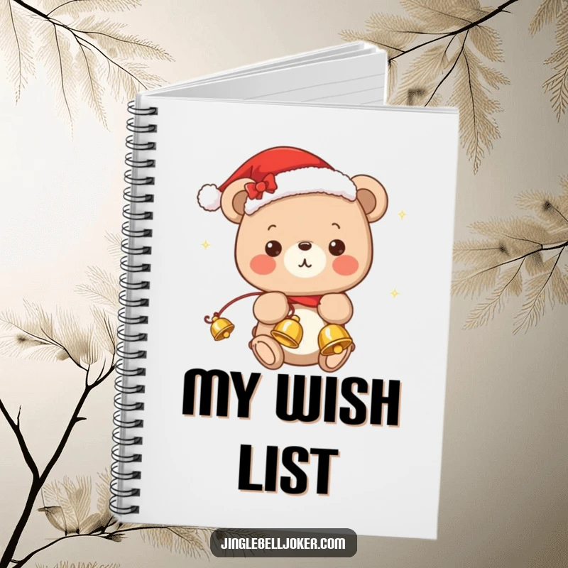 Funny notebook with a cute kawaii bear wearing a Santa hat, juggling jingle bells, perfect for jotting holiday notes.