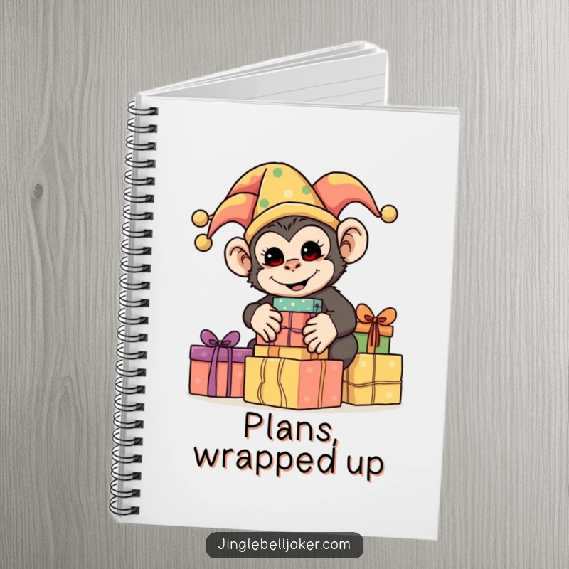 Funny Monkey Jester Notebook, a silly monkey dressed as a jester, stacking brightly wrapped presents, for jotting down humorous notes.
