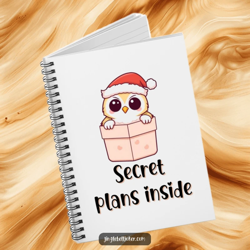 Funny Kawaii Owl Santa Notebook, featuring a cute owl peeking from a gift box, ideal for jotting down holiday ideas.