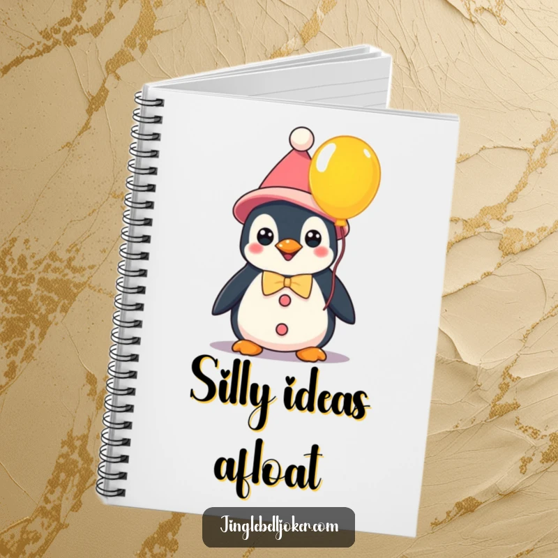 Funny kawaii penguin clown holding a balloon, a notebook for capturing ideas and creative thoughts with whimsical humor.
