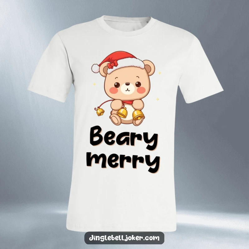 Funny t-shirt featuring a cute kawaii bear in a Santa hat, merrily juggling jingle bells, embodying holiday spirit.