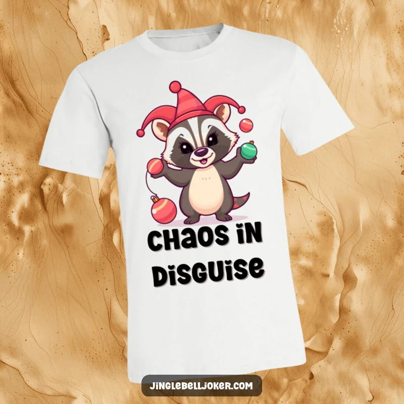 Funny T-Shirt: A comical badger in a jester hat juggles shiny baubles, embodying festive mischief.