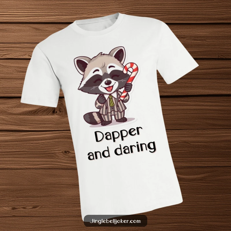 Funny T-Shirt: A gleeful raccoon in a striped suit comically balances a candy cane on its nose.