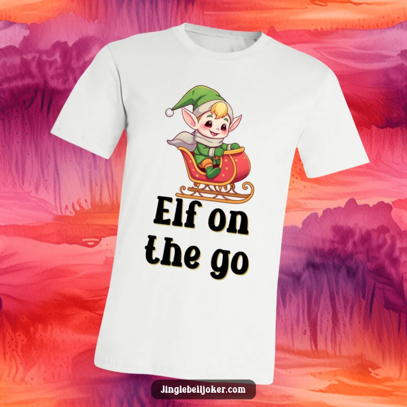 Funny t-shirt showing a giddy elf joker joyfully riding a tiny, jingling sleigh, embodying pure holiday excitement and playful fun.