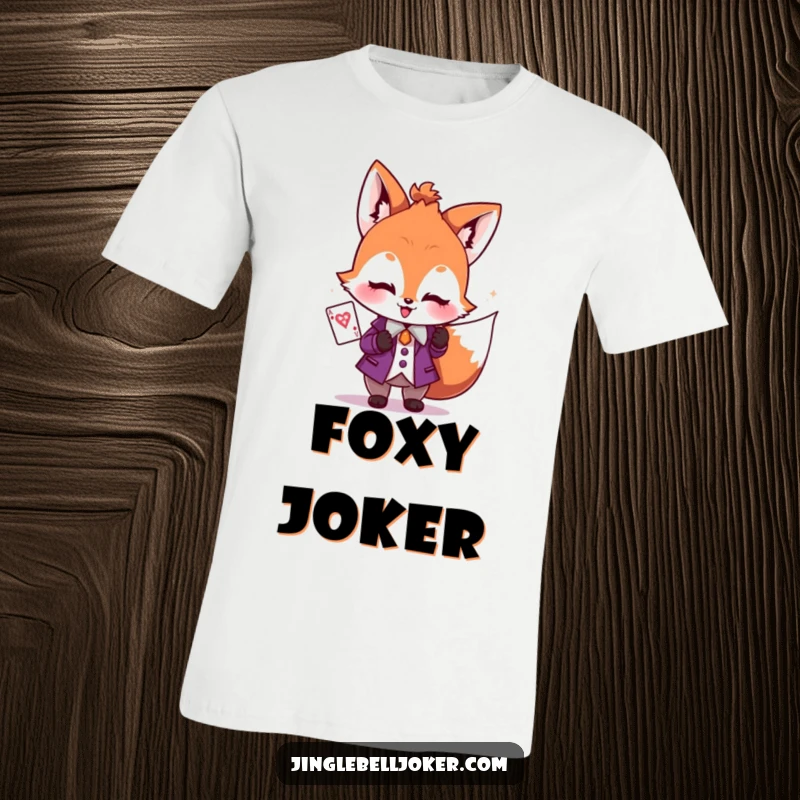 Funny t-shirt depicting a blushing fox in a joker costume, holding a shimmering playing card, symbolizing playful luck.