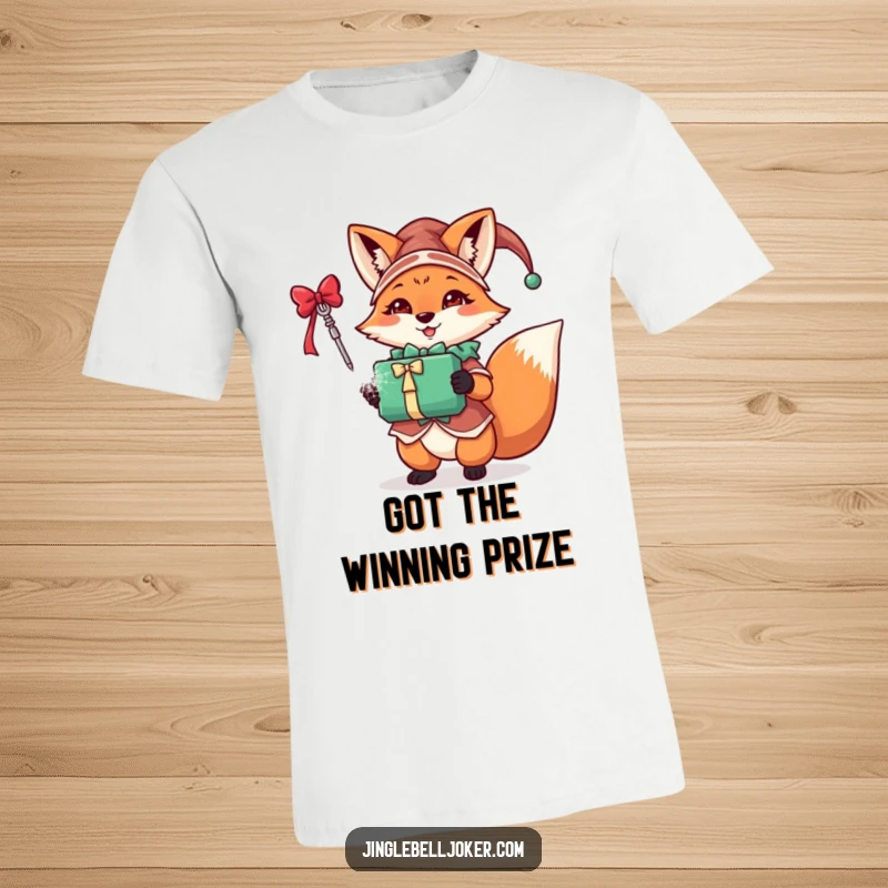 Funny fox jester t-shirt featuring a festive character in jester attire triumphantly holding a sparkling holiday gift, full of joy.