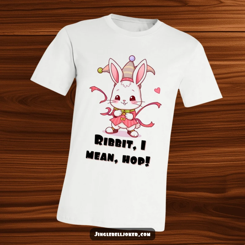 Funny Jester Bunny T-Shirt: A cute bunny in jester costume twists a colorful ribbon, ideal for playful wear.