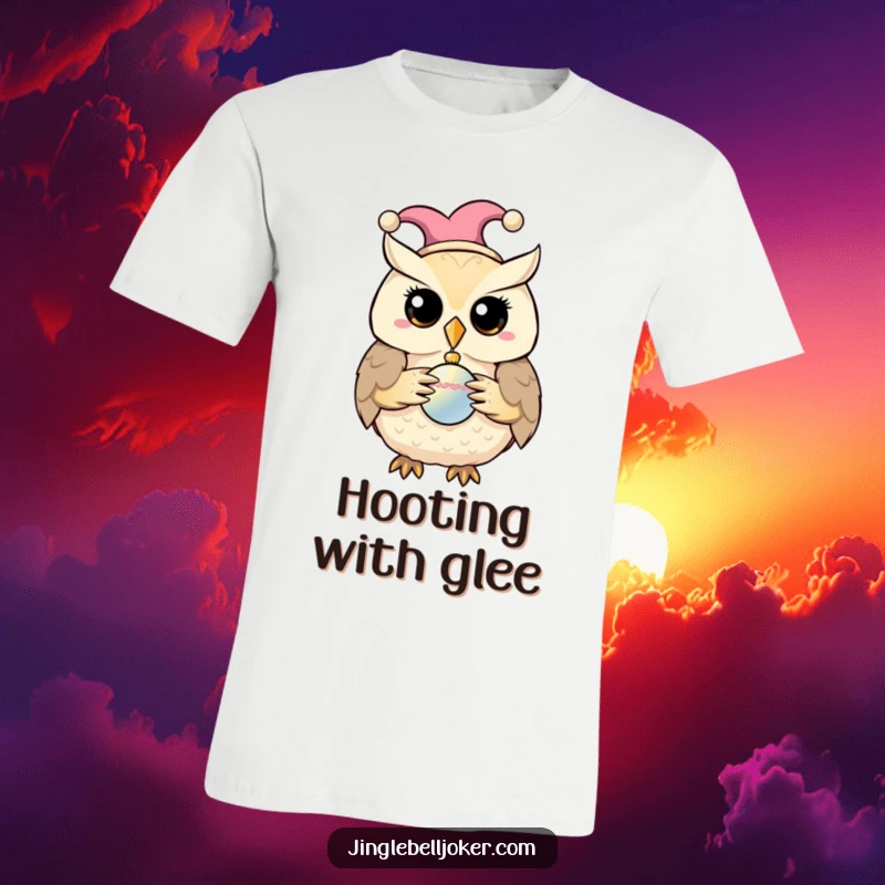 Funny t-shirt of an owl wearing a jester cap and holding a bauble, radiating quirky humor.