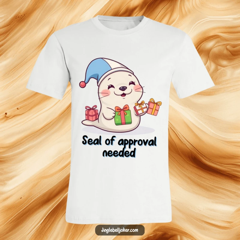 Funny Jester Seal T-Shirt, a seal in a jester hat nervously juggling gifts, great funny gift for chaos lovers.