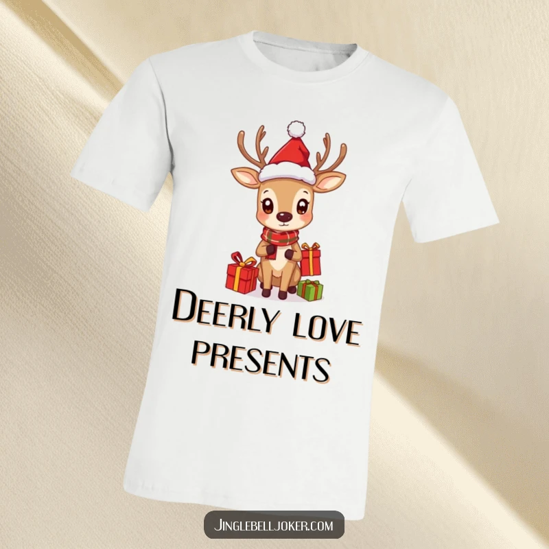 Funny T-shirt with a deer in a Santa hat curiously juggling gifts, perfect for spreading holiday cheer.