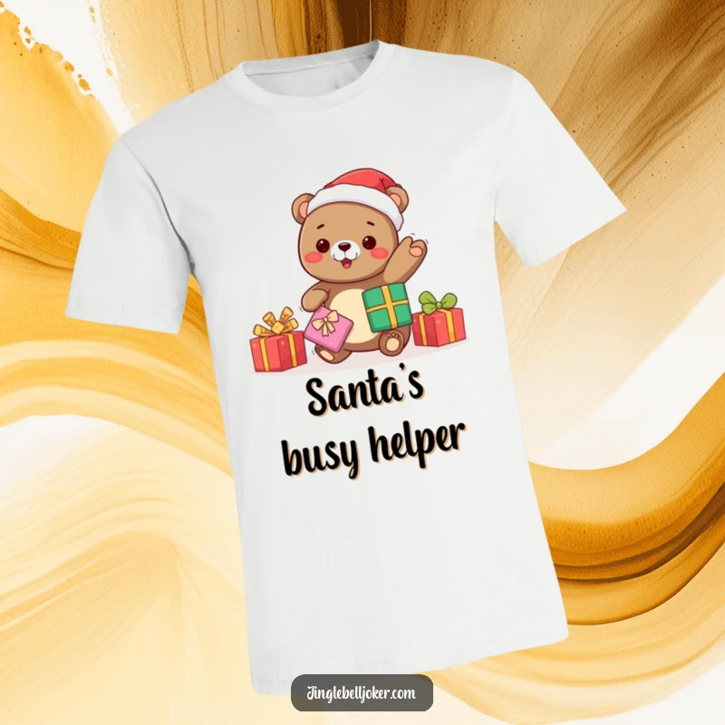 Funny kawaii bear wearing Santa hat, juggling multiple presents with excitement, a humorous holiday t-shirt for festive occasions.