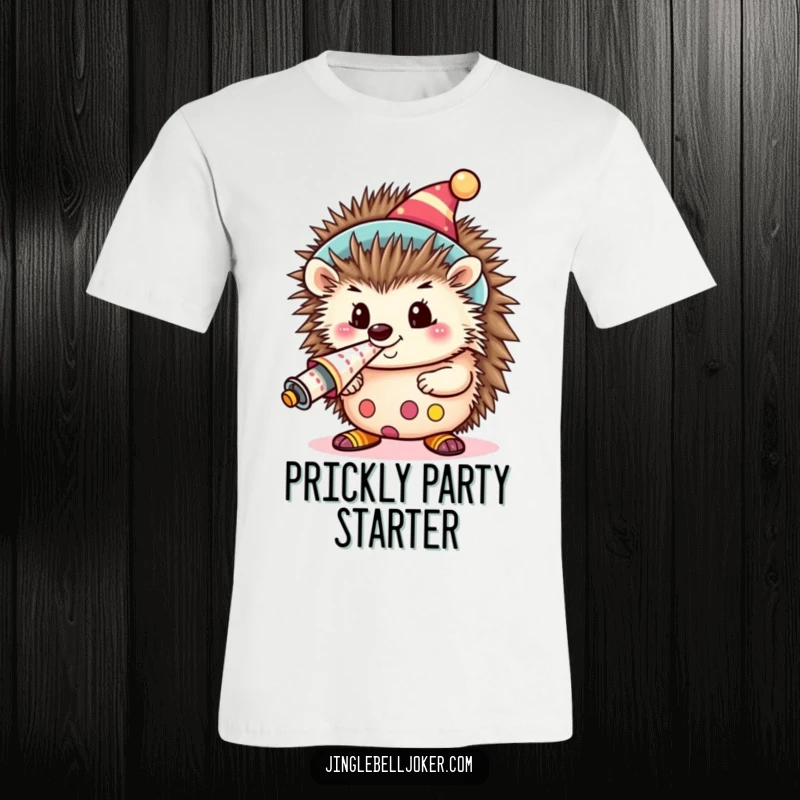 Funny Kawaii Clown Hedgehog T-Shirt: A cute hedgehog as a clown, blowing a loud party horn, perfect for celebrations.