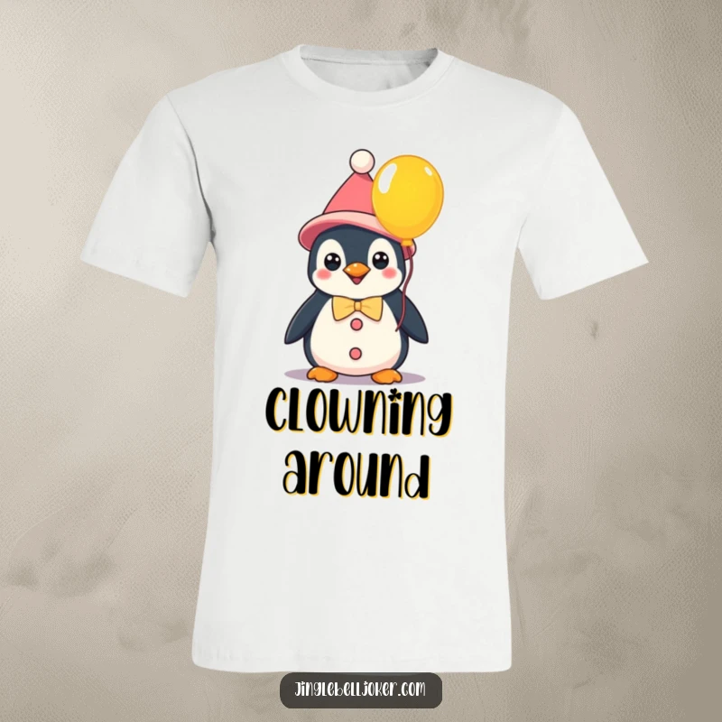 Funny kawaii penguin in clown attire holding a vibrant balloon, a humorous t-shirt celebrating playful characters and fun.