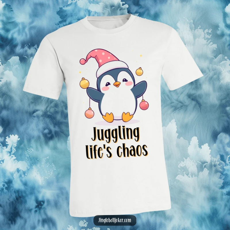 Funny Penguin Jester T-Shirt: Cute penguin wearing a jester hat, juggling sparkling ornaments, a funny holiday design.