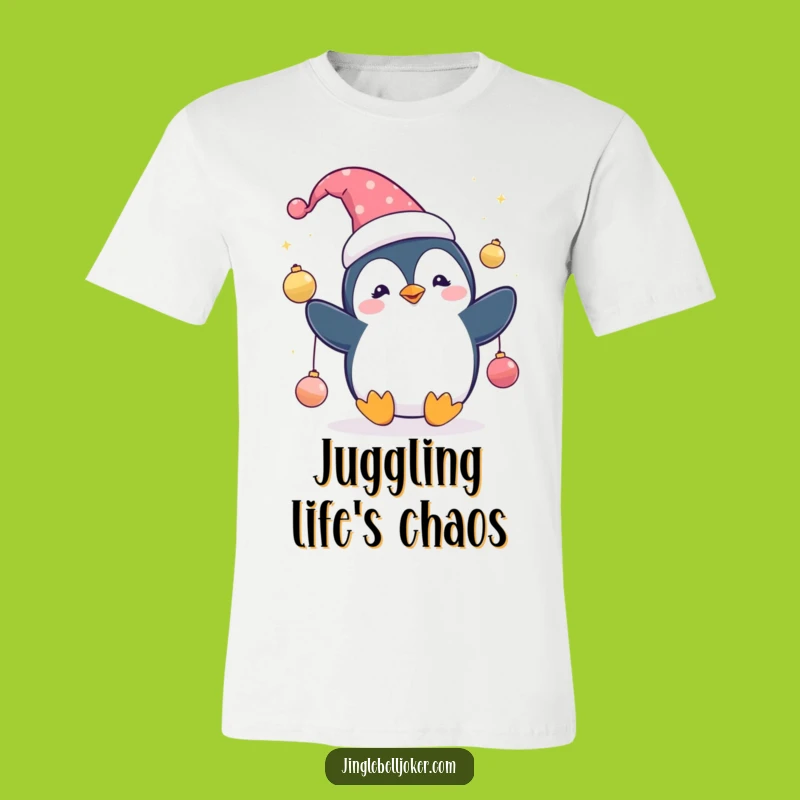 Funny Penguin Jester T-Shirt: Cute Character Juggling Sparkling Ornaments - Festive Tee