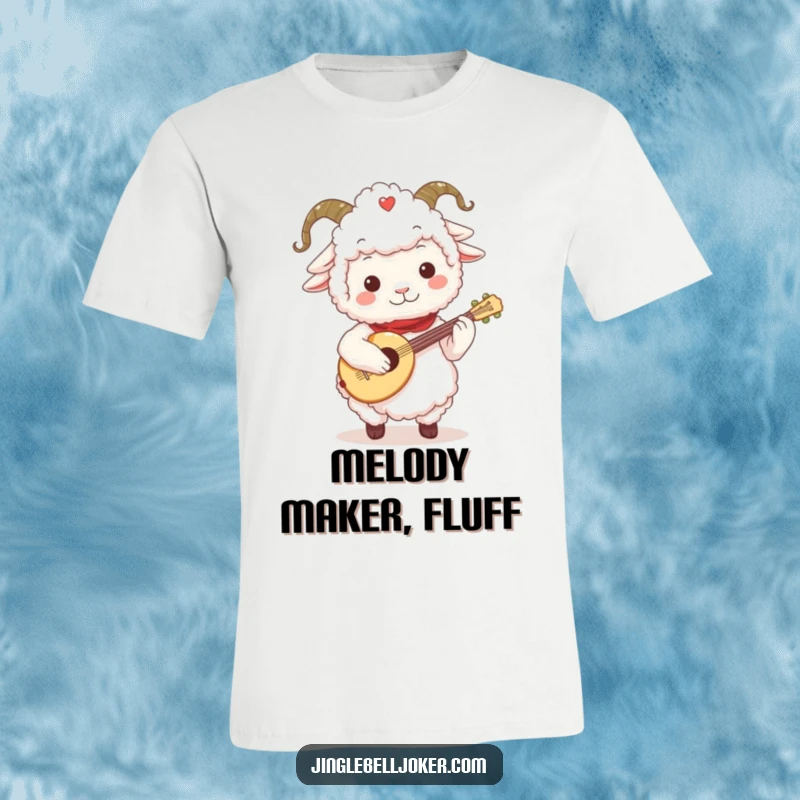 Funny Sheep Jester T-Shirt: Fluffy sheep character with a jester collar, playing a tiny festive lute, whimsical apparel.