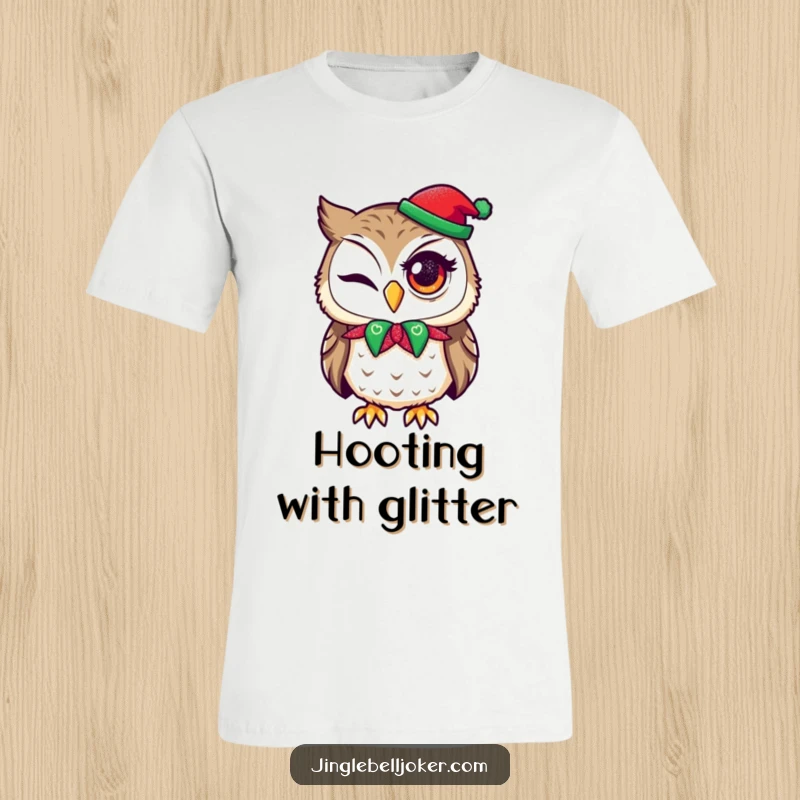 Funny t-shirt graphic of an owl in a jester collar, attempting a wink with holiday glitter accenting its eye.