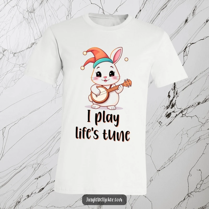 Funny t-shirt with a round bunny character dressed as a jester, enthusiastically playing a small banjo, radiating joyful energy.