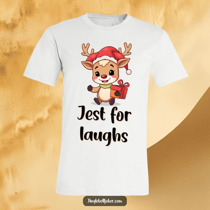 Funny t-shirt showing a grinning reindeer dressed as a jester, holding a gift, embodying playful holiday spirit and mischievous cheer.