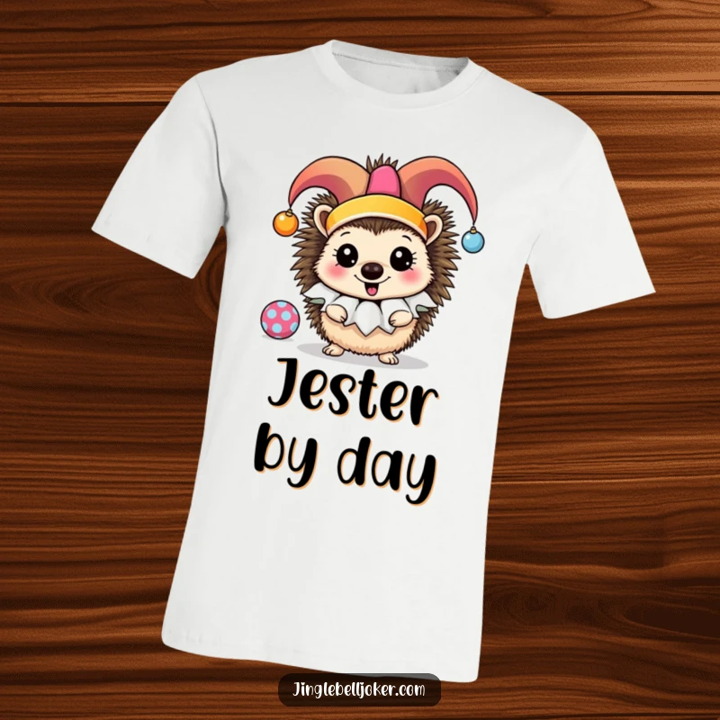 Funny Jester Hedgehog T-Shirt: A cheerful hedgehog in a jester ruff actively juggles colorful ornaments for a whimsical look.