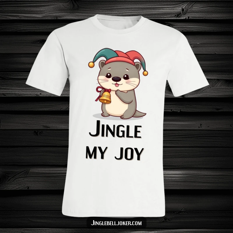 Funny Otter Jester T-Shirt, featuring a cute otter in a jester hat ringing a miniature sleigh bell, ideal for festive humor.