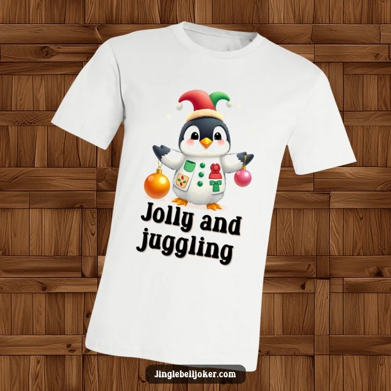 Funny t-shirt featuring a fluffy penguin wearing a jester hat, juggling bright Christmas baubles with a cheerful and festive expression.
