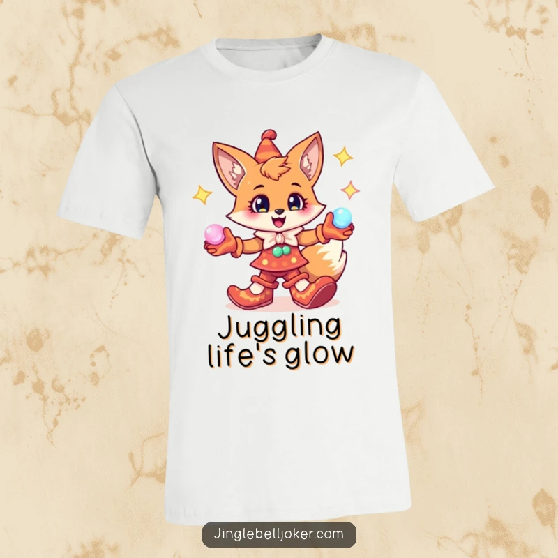 Funny Fox Jester T-Shirt: Cheerful fox character with exaggerated jester shoes, juggling glowing orbs, magical apparel.