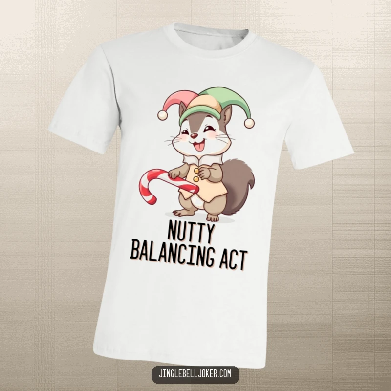 Funny t-shirt featuring a cute, giggling squirrel dressed as a jester, hilariously trying to balance a candy cane, expressing pure amusement.