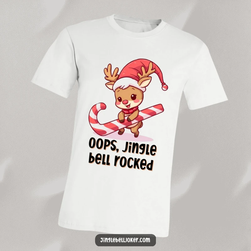 Funny Reindeer Jester T-Shirt: A clumsy reindeer in a jester wig tripping on a candy cane, for festive humor.