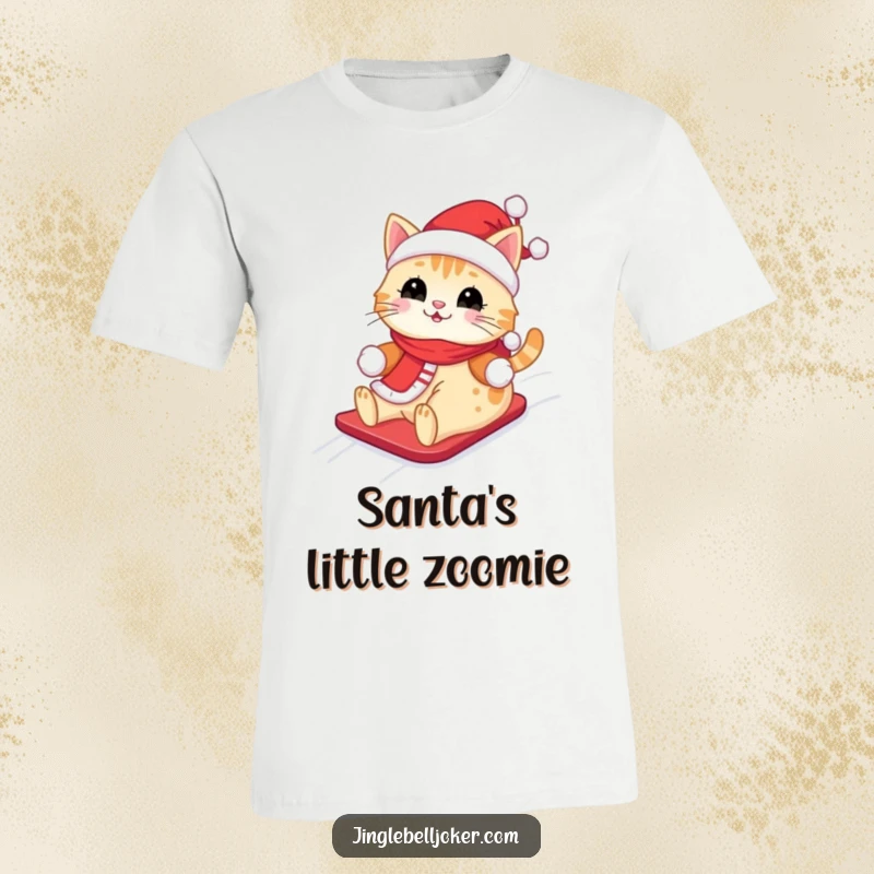 Funny Kawaii Santa Cat T-Shirt: A cute cat in a Santa outfit, happily sliding down a snowy hill, perfect for winter fun.