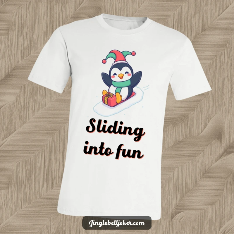 Funny Penguin Jester T-Shirt, happy penguin in a jester hat, joyfully sliding down a gift-wrapped slope, capturing pure fun.