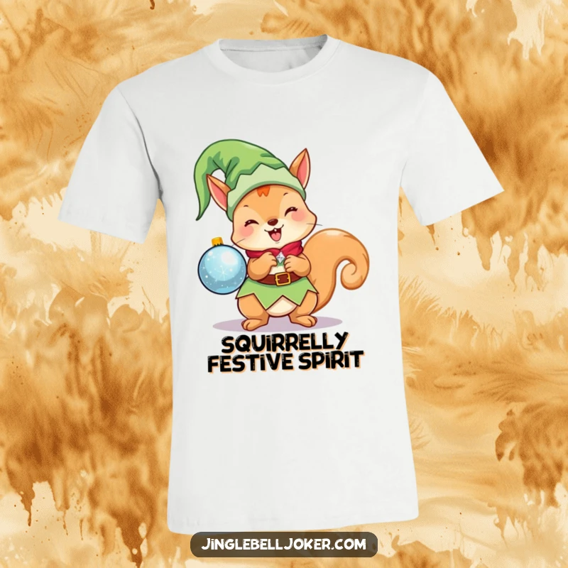 Funny Kawaii Elf Squirrel T-Shirt: A cute Christmas character as an elf, excitedly holding a sparkling ornament, perfect for holiday fun.