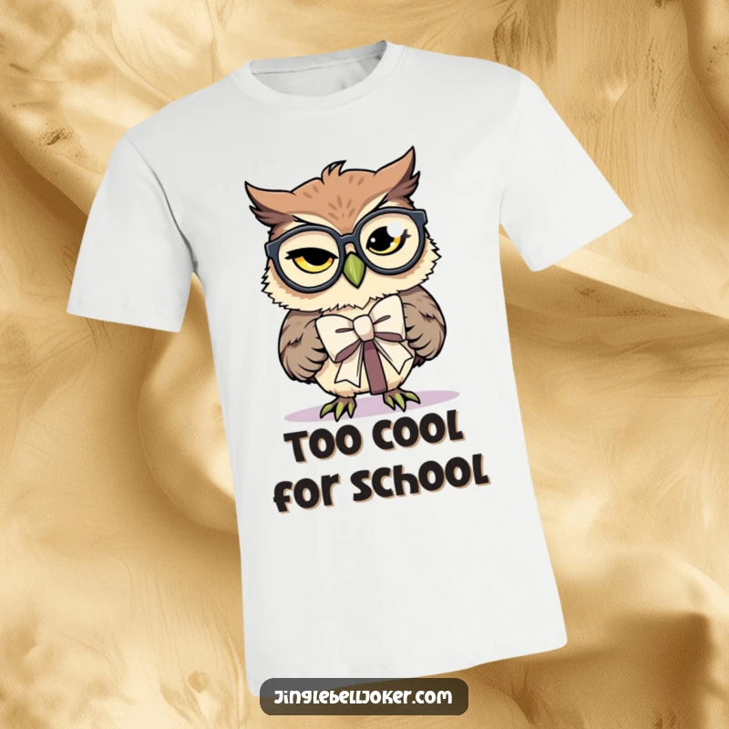 Funny T-Shirt: An owl wearing big glasses winks while comically struggling to tie a present bow.