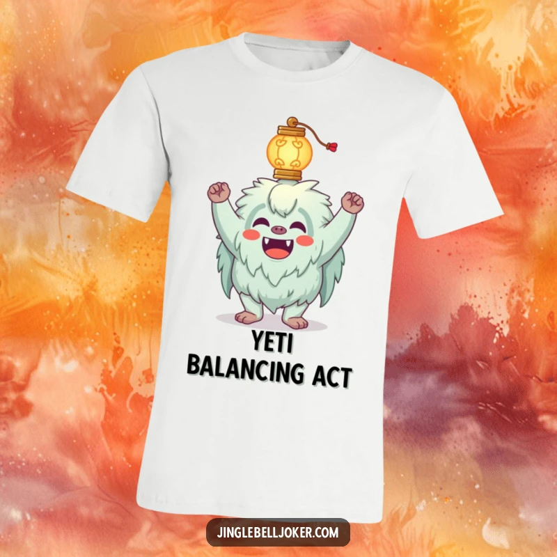 Funny Yeti T-Shirt depicting a silly yeti joker attempting to balance a glowing lantern on its head with a comical, focused look.