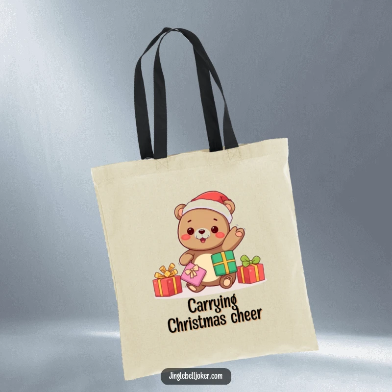 Funny kawaii bear Santa juggling gifts, a festive tote bag for carrying holiday items with cheerful humor and style.