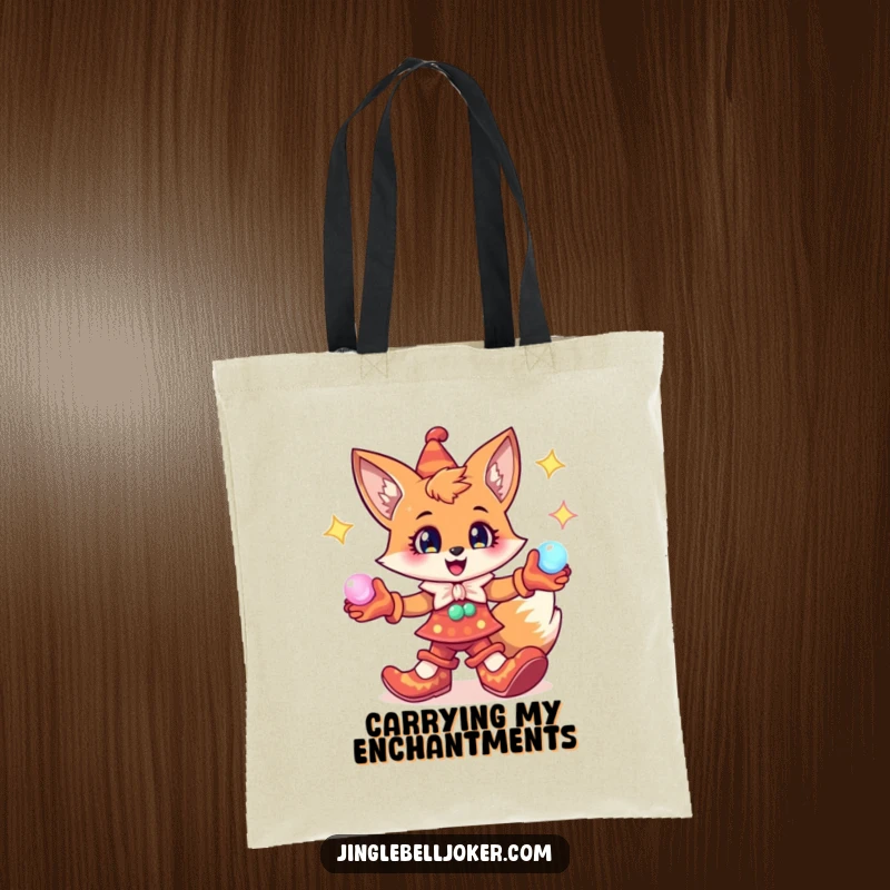 Funny Fox Jester Tote Bag: Cheerful fox character with exaggerated jester shoes, juggling glowing orbs, magical accessory.