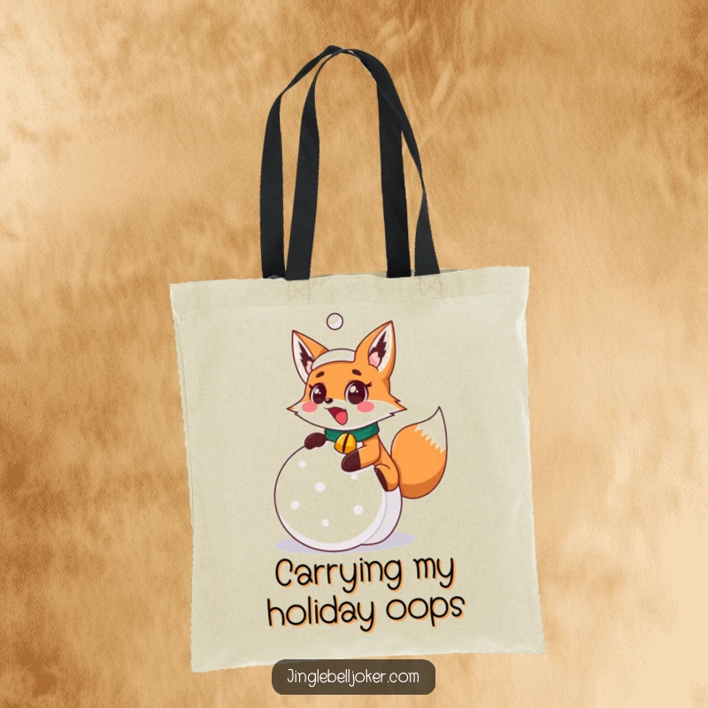 Funny surprised fox joker with jingle bell collar slipping on a festive snowball, a humorous scene on this practical and funny tote bag.