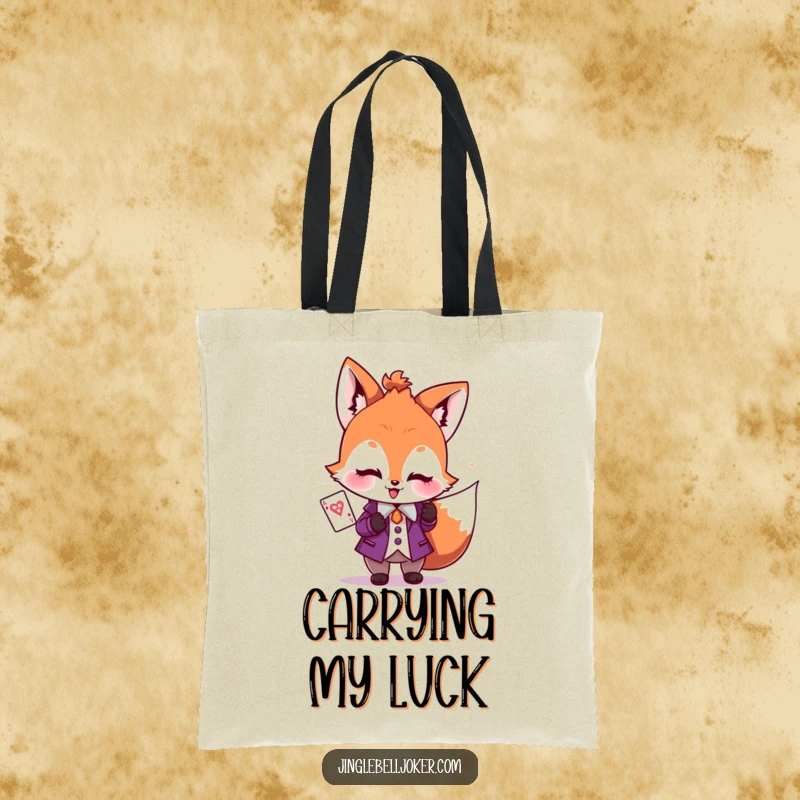 Funny tote bag with a blushing fox in a joker outfit, holding a glittering playing card, perfect for carrying game night gear.