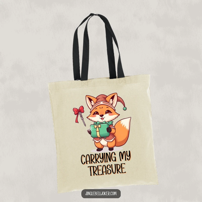 Funny fox jester tote bag depicting a festive character in jester attire triumphantly holding a sparkling gift, ideal for holiday use.