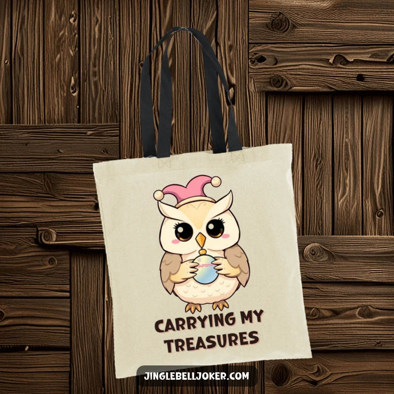 Funny tote bag featuring a jester owl holding a bauble, ideal for carrying charming items.